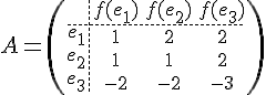 4$A=\(\array{3,c.cccBCCC$&f(e_1)&f(e_2)&f(e_3)\\\hdash~e_1&1&2&2\\e_2&1&1&2\\e_3&-2&-2&-3\)